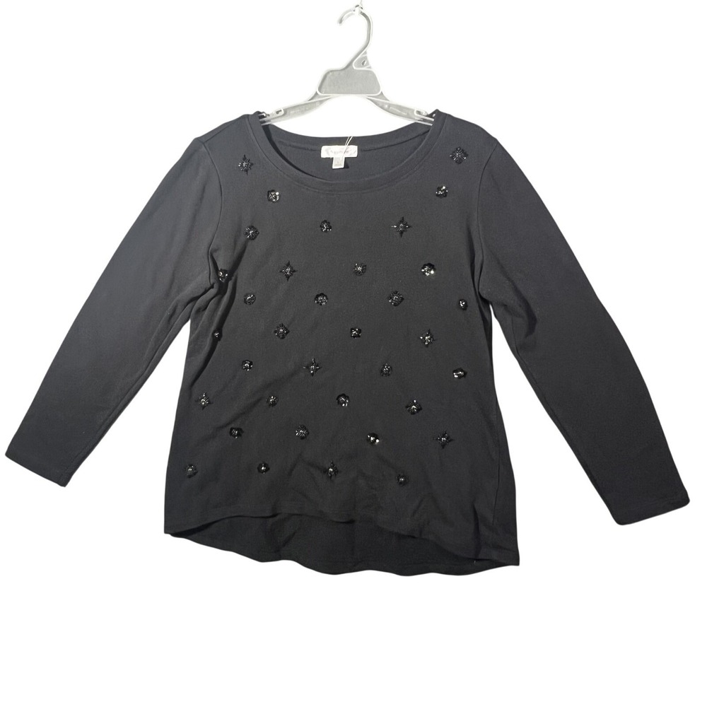 Dressbarn Women's Black Embellished Long Sleeve Top Size L Scoop Neck Knit